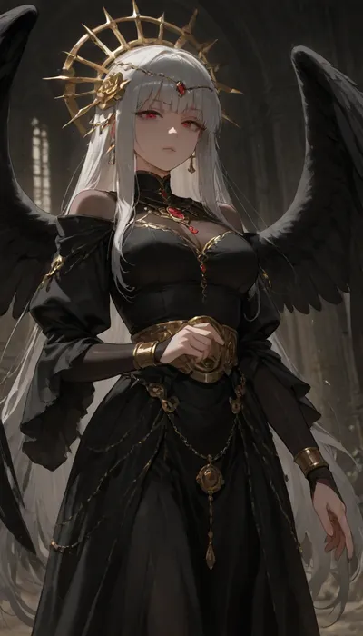 A solemn, pale young woman stands in a moonlit night, her presence calm and powerful like a supernatural guardian. Her long black dress flows softly around her, and an ornate, ancient headdress rests on her brow, hinting at sacred, forgotten traditions. Shadow‑like wings rise behind her with quiet, battle‑ready strength — not feathers, but drifting darkness shaped by divine power. Her expression is deep and sorrowful, carrying the weight of an eternal duty. Soft silver moonlight outlines her face, giving her an unearthly glow. Mist swirls around her as if responding to her presence, and the night landscape feels hushed and reverent, as though she stands at the boundary between worlds. She embodies mystery, strength, and tragic, otherworldly beauty.