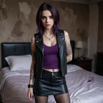 high details, 4k shot, 22yo, realistic eyes, perfect face, perfect teeth, emo makeup, purple finger nails satanic tatoos on arms, straight dark hairs, black miniskirt, purple tights, black leather vest, standing up on a dirty bed, in old abandoned bedroom, dim light, urbex