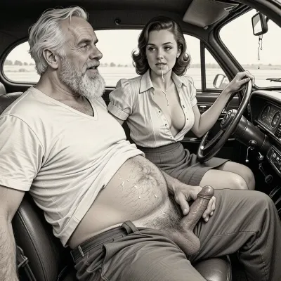 This is a detailed monochromatic pencil drawing in a classical illustrative style depicts a scene set after blowjob in 1950s, (obese bearded white haired older dilf in passenger seat receiving handjob by Beautiful sexy brown elegant hairstyle mother in driver seat), POV, lustful smile, focused on hairy scrotum, mother in driver seat is helping older dilf cum, precum, dripping older dilf's cocks, (((Beautiful sexy brown elegant hairstyle mother with hourglass figure, she is wearing in an open blouse and a skirt, (wide hips)))), (the man one hand grops woman's hip), undersides of penis, ((a woman looks at a man's penis)), dimly lit, tiny penis, sitting in car, fat and skinny, receiving handjob, v neck t shirt pulled up above big hairy belly, ((pubic hair:1.7)), ((scene after blowjob:1.5)), (((a lot cum on woman's face and lips))), sweatpants pulled down, masturbation, hairy scrotum. The overall mood is intense, rendered in fine, expressive line work and subtle shading, evoking the style of 1950s satirical or moralistic illustrations.