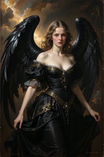 Dark angel, oil painting style, Baroque masterpiece, in the manner of Caravaggio and Gustave Moreau, beautiful young woman emerging from absolute darkness, magnificent black wings catching a single divine light source, ornate black dress with gold details, face illuminated by dramatic chiaroscuro, expression of cold melancholic power, rich dark background, deep shadows, visible brushstroke texture, aged canvas aesthetic, warm amber and deep black tones, hyper realistic painted style, museum quality