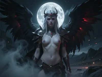 A solemn, pale young woman stands in a moonlit night, her presence calm and powerful like a supernatural guardian. An ornate, ancient headdress rests on her brow. Shadow‑like wings rise behind her made of drifting darkness shaped by divine power. Her expression is deep and sorrowful, carrying the weight of an eternal duty. Her posture is naked, breasts and pussy fully exposed but with defiant attitude, ready to face the any attack. Soft silver moonlight outlines her face and armour, giving her an unearthly glow. Mist swirls around her as if responding to her presence, and the night landscape feels hushed and reverent. She embodies mystery, strength, and tragic, otherworldly beauty.

cinematic lighting, soft diffusion, pale cool tones, moonlit glow, gentle rim‑light, atmospheric depth, delicate highlights, dreamlike realism, painterly detail, subtle motion in the mistfull‑body view, centred figure, soft focus background, faint light rays, drifting particles, slight forward lean, wings spread, colour palette of dark, ominous colours, single highlight of red, reflective highlights like moonlight on dark metal, subtle cool undertones, luminous shadows rather than bright glow