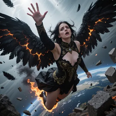 a realistic photography of a Dark angel falling from heaven, masterpiece, ((80 degree overhead angle — above looking down at the falling angel, she falls away below the viewer)), beautiful young woman, 25 years old, dark hair spreading wildly around her head, pale luminous skin, ((face turned directly upward toward the viewer with devastating intensity, face large and sharp in upper center of frame, expression of tragic dignity and heartbroken surrender)), (she spread an arm up towards the camera with her hand open, gesture of desperate supplication), ((massive black wings spread wide —
fully unfurled seen from slight above, lava cracks and embers glowing between feathers)), ((black baroque dress with gold embroidery —
high neckline fully covering chest and shoulders)), (far below her, planet Earth), ((in background fire rising around her feet and legs, a little black smoke spreads from the feet to top of the frame)), ((above and around viewer —
cold divine light flooding down from viewer's position on the face of woman falling, heavenly glow as source of light)), highly realistic, 8k, ((sense of infinite void above and below)), ((broken stone debris and burning black feathers falling with her)), ((focus on face and eyes only)), ((shallow depth of field, face in perfect focus, body progressively blurring toward feet, feet out of focus)), ((bokeh effect on background)), ((close up on face))