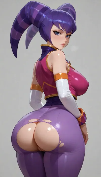 1girl, Nights, (character), (Nights from, NIGHTS series), (Nights from, Nights into dreams game), she is 20 years old, NiGHTS has a thin, humanoid form, beige skin, large bluish-purple/purplish-blue eyes with slitted pupils. They also have large, black eyelashes. They wear a violet and dark purple-striped two-horned purple jester cowl on their head, NiGHTS wears a purple and white unitard or possibly purple unitard with a white shirt, the sleeves are baggy with purple and yellow cuffs. NiGHTS' clothes are embroidered with silver thread on the arms and legs. They also wear a small sleeveless pink vest with yellow trim and 4 yellow star-like buttons on it, with 2 on the left side, and 2 on the right side. Big round boobs, big thigs, big round ass, Her pants are ripped off so that her ass and vagina are visible, (vagina), (shaved pussy), she is standing with her back turned to viewer, looking at viewer, Completely white background, professional image, very detailed image, 4K image