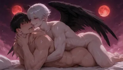 Asian, anal sex, homosexual, gay, obsession, love and hate, urgency, semen, blood, muscular man with silver hair, a red-eyed man with black hair and a slender body, white skin, dreamy, black wings, smile, clouds, red moon, purple sky, no women, only two men, above the clouds