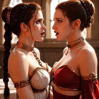 le_ia, braid, ponytail, slave, leia, costume, double, bun, hairstyle, she, is, wearing, white, gown, scared, <lora:leia - le_ia sdxl:.8>, slave_restraints, outfit, <lora:slave_restraints:.8>, <lora:LeggingsXL_-_Latex.ID:.8>, pharaotech, <lora:pharaotech:.8>, . lesbian bondage. lesbian domination. lesbian bdsm. lesbian bound. alien lifeform mistress angry.