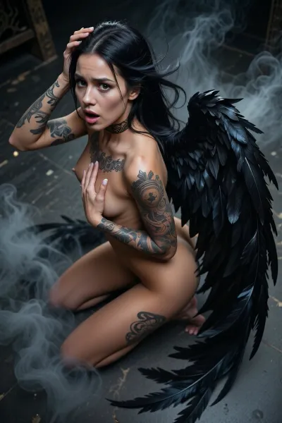 Ultra detailed depiction of a dark angel woman, realistic face, strikingly beautiful face, highly detailed, extremely detailed skin, supermodel of 25yo fully tattooed, olive skin, jet black hair, sharp sculpted features, deep dark eyes, image taken from above, surprised, kneeling, looking at viewer, big eyes, rear-side view, in her back 2, immense black wings made of crow feathers spotted behind her shoulders, (((the wings are very long and extend as low as her feet, they trail on the ground))), ((fully naked)), .
emphasis on her face, refined facial structure, delicate bone lines, subtle tension around the eyes and lips., ((Her expression blends compassion and inner pain with unwavering resolve)), . Long black hair moved by the wind.
One hands on her head close to ear and moving up her hairs theatrically, the other hand in a sensual pose on her chest, A mystic black smoke, thin but opaque, like a obscur glow, surrounds her body and wings She is, (arched), showing her, ((extraordinary flexibility)), and mystically shaped body, ((A mystic smoke, dark and not grey, thin but opaque, like a obscur glow, is on the ground and surrounds her body and wings)), .
