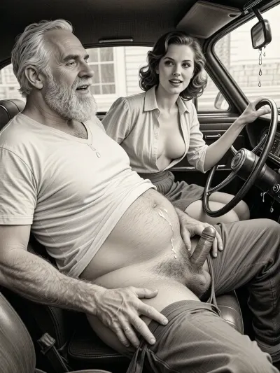 This is a detailed monochromatic pencil drawing in a classical illustrative style depicts a scene set after blowjob in 1950s, (obese bearded white haired older dilf in passenger seat receiving handjob by Beautiful sexy brown elegant hairstyle mother in driver seat), POV, lustful smile, focused on hairy scrotum, mother in driver seat is helping older dilf cum, precum, dripping older dilf's cocks, (((Beautiful sexy brown elegant hairstyle mother with hourglass figure, she is wearing in an open blouse and a skirt, (wide hips)))), (the man one hand grops woman's hip), undersides of penis, ((a woman looks at a man's penis)), dimly lit, tiny penis, sitting in car, fat and skinny, receiving handjob, v neck t shirt pulled up above big hairy belly, ((pubic hair:1.7)), ((scene after blowjob:1.5)), (((a lot cum on woman's face and lips))), sweatpants pulled down, masturbation, hairy scrotum. The overall mood is intense, rendered in fine, expressive line work and subtle shading, evoking the style of 1950s satirical or moralistic illustrations.
