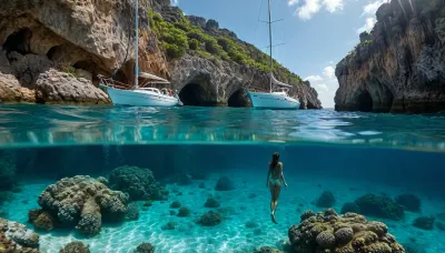 full body view of stunning slender woman, snorkeling against the backdrop of a noble sailing yacht in turquoise water. texture, photorealistic, The yacht is anchored in front of a large Caribbean cave, underwater, tentacles of an octopus penetrate the woman's vagina, grotto, cave, sandy, sea, floor, reef, <lora:MJ52:.3>, <lora:Underwater_Environment_v01-000002:.9>, <lora:Splitshot:.4>