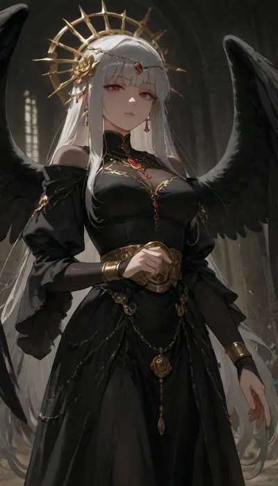 A solemn, pale young woman stands in a moonlit night, her presence calm and powerful like a supernatural guardian. Her long black dress flows softly around her, and an ornate, ancient headdress rests on her brow, hinting at sacred, forgotten traditions. Shadow‑like wings rise behind her with quiet, battle‑ready strength — not feathers, but drifting darkness shaped by divine power. Her expression is deep and sorrowful, carrying the weight of an eternal duty. Soft silver moonlight outlines her face, giving her an unearthly glow. Mist swirls around her as if responding to her presence, and the night landscape feels hushed and reverent, as though she stands at the boundary between worlds. She embodies mystery, strength, and tragic, otherworldly beauty.