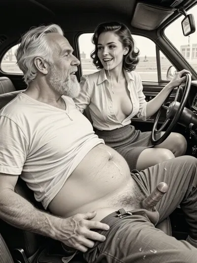 This is a detailed monochromatic pencil drawing in a classical illustrative style depicts a scene set after blowjob in 1950s, (obese bearded white haired older dilf in passenger seat receiving handjob by Beautiful sexy brown elegant hairstyle mother in driver seat), POV, lustful smile, focused on hairy scrotum, mother in driver seat is helping older dilf cum, precum, dripping older dilf's cocks, (((Beautiful sexy brown elegant hairstyle mother with hourglass figure, she is wearing in an open blouse and a skirt, (wide hips)))), (the man one hand grops woman's hip), undersides of penis, ((a woman looks at a man's penis)), dimly lit, tiny penis, sitting in car, fat and skinny, receiving handjob, v neck t shirt pulled up above big hairy belly, ((pubic hair:1.7)), ((scene after blowjob:1.5)), (((a lot cum on woman's face and lips))), sweatpants pulled down, masturbation, hairy scrotum. The overall mood is intense, rendered in fine, expressive line work and subtle shading, evoking the style of 1950s satirical or moralistic illustrations.