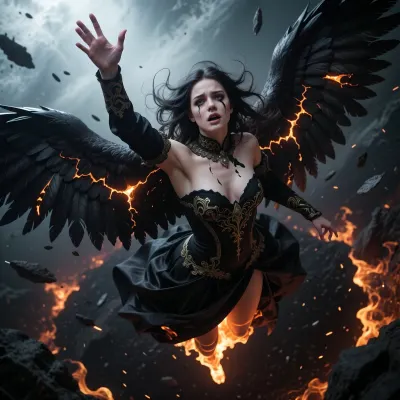 a realistic photography of a Dark angel falling from heaven, masterpiece, ((80 degree overhead angle — above looking down at the falling angel, she falls away below the viewer, flames and darkness visible beneath her)), beautiful young woman, 25 years old, dark hair spreading wildly around her head, pale luminous skin in academic painting technique, ((face turned directly upward toward the viewer —
eyes locked onto the viewer with devastating intensity, face large and sharp in upper center of frame, expression of tragic dignity and heartbroken surrender, tears of dark ink running down her temples, lips parted in silent anguish)), (she spread an arm up towards the camera with her hand open, gesture of desperate supplication), ((massive black wings spread wide —
fully unfurled seen from slight above, lava cracks and embers glowing between feathers, feathers tearing away scattering downward)), ((black baroque dress with gold embroidery —
high neckline fully covering chest and shoulders, fabric billowing upward toward the viewer)), ((below her in central-bottom background of the scene there is an absolute obscurity)), ((hellfire rising up around her legs, her wings are starting to burn)), ((above and around viewer —
cold divine light flooding down from viewer's position on the face of woman falling, heavenly glow as source of light)), highly realistic, 8k, ((figure occupying only 50% of frame height, vast darkness and flames surrounding her, sense of infinite void above and below))