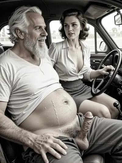 This is a detailed monochromatic pencil drawing in a classical illustrative style depicts a scene set after blowjob in 1950s, (obese bearded white haired older dilf in passenger seat receiving handjob by Beautiful sexy brown elegant hairstyle mother in driver seat), POV, lustful smile, focused on hairy scrotum, mother in driver seat is helping older dilf cum, precum, dripping older dilf's cocks, (((Beautiful sexy brown elegant hairstyle mother with hourglass figure, she is wearing in an open blouse and a skirt, (wide hips)))), (the man one hand grops woman's hip), undersides of penis, ((a woman looks at a man's penis)), dimly lit, tiny penis, sitting in car, fat and skinny, receiving handjob, v neck t shirt pulled up above big hairy belly, ((pubic hair:1.7)), ((scene after blowjob:1.5)), (((a lot cum on woman's face and lips))), sweatpants pulled down, masturbation, hairy scrotum. The overall mood is intense, rendered in fine, expressive line work and subtle shading, evoking the style of 1950s satirical or moralistic illustrations.