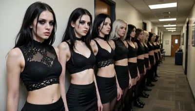 (line-up of skinny female goth fetish models standing in a row in a hallway, casting call), (all the women are wearing tight black lace tops and sheer tight black skirts), (long black hair, very pale skin), (skinny emaciated body, heroin chic, androgynous, disheveled:2), (pale almost sickly skin, prominent collarbones, visible ribs, and dark smudged kohl eye makeup), (generic office hallway, generic carpet, harsh overhead fluorescent lights), (linear perspective), (side-eye glance at photographer), (raw gritty documentary-style photography:4)