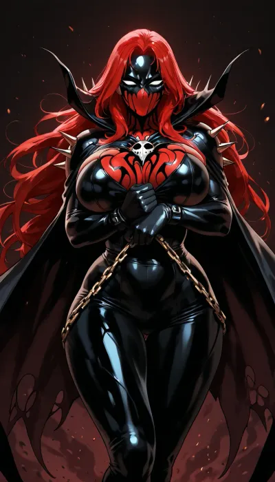 (("The Spawn")), Extremely detailed comic book style female Spawn, seductive and powerful anti-heroine, voluptuous athletic body, black and crimson symbiote suit hugging every curve, exposed midriff, spiked pauldrons, long spiked cape, chains floating around her, glowing white eyes, beautiful face partially visible under broken mask, long flowing hair, dynamic action pose, Todd McFarlane art style, high contrast, dramatic shadows