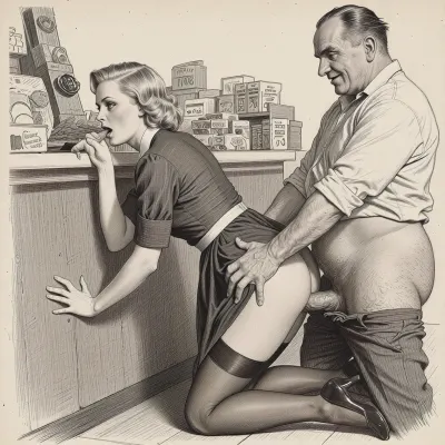 This is a detailed monochromatic pencil drawing in a classical illustrative style depicts a scene set in the 1930s in Germany, a grocery store, a beautiful sexy blonde mother with an elegant hairstyle, a frau with an hourglass figure, dressed in a 1930s strict dress, brown silk stockings, (wide hips), She is kneeling in front of an obese ugly old salesman 90yo behind the counter and blowjob his dick, a an obese old salesman is wearing shirt with the sleeves rolled up, hunbuttoned pants, his dick and hairy scrotum are visible, Old salesman smirks maliciously, He holds Frau by the head with his hands and vigorously moves his pelvis.blowjob, (1obese old salesman:.6), (1mother:.6), (mother1 is kneeling in front of obese old salesman1. obese old salesman1 is standing, cock out. mother1 is blowing him in grocery store:2), Side view, The overall mood is intense, rendered in fine, expressive line work and subtle shading, evoking the style of 1950s satirical or moralistic illustrations.