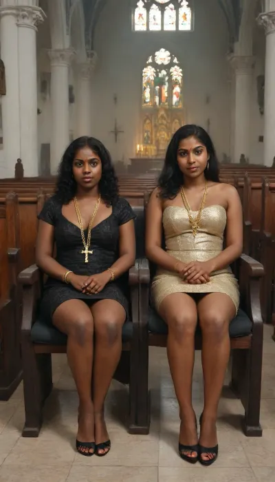 South Indian church twince women, two women siting in church chair, no makeup, two women diffrent type high detailed face, high detailed black skin, dry skin, dry pussy, dark pussy, big dry pussy, dress skirt lift pussy show, dress, big boobs, big legs, hairy pussy, very big gold necklaces, gold chain, black knee, black pussy, G0th1c, church, <lora:G0th1c_church:2>, <lora:Brazilian_Perfect_Pussy_SDXL-000008:2>