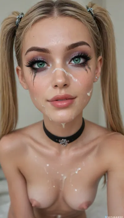 instagram photo, 18 y.o., slut, blonde hair, (((two pigtails))), big lips, beautiful face, ((smile)), black choker, extra detailed, (high definition:1.6), (glamorous smash makeup:1.5), (boobs:1.2), (green eyes), (((very very big long eyelashes:1.4))), (ab crack), ((wet Skin)), ((cum on face:1.8)), choker, covered long erect nipples, (in the bad), shadows, bright light patches, light caustics, (Dynamic angle:1.5), round breasts, hard nipples, narrow waist, (big tits:1.3), (small butt:1.5), ((very skinny:1.5)), tears, short body, realistick, <lora:melanin-XL:1.3>
