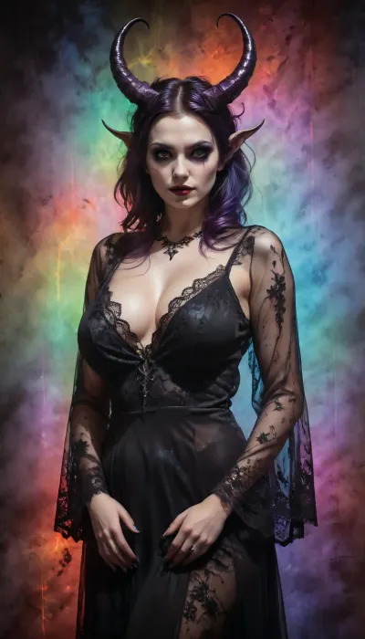 Pale demon girl, big breasts, prismatic coloring, holographic atmosphere, chromatic black lace blouse, gothic background, (long straight horns:1.2), beautiful girl, detailed face, <lora:xl_yamer_style-3.0:1>, <lora:milkers_v2:1.3>, <lora:InkWashpainting:1.6>