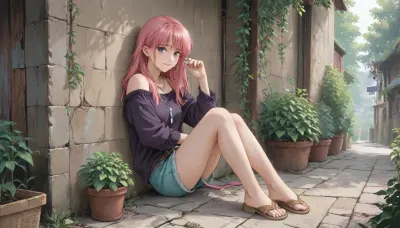 1girl, solo, pink hair, long hair, purple eyes, off-shoulder top, dark purple blouse, long sleeves, teal shorts, denim shorts, brown belt, sandals, necklace, tassel necklace, leaning against wall, hand in pocket, one hand on wall, sitting on old appliance, retro television, outdoor, garden, stone floor, green plants, hanging vines, tree, hose, soft sunlight, dappled light, casual outfit, slight smile, serene expression, anime style, detailed background, painterly, semi-realistic, high quality, masterpiece, best quality, <lora:outline_xl_kohaku_delta_spv5x:1.3>, <lora:NEOTOKIOXL_0.2_RC:.7>, <lora:Ppolar-P3v1-NbVp10:.7>, <lora:cartoon_stickers_xl_v1:.5>