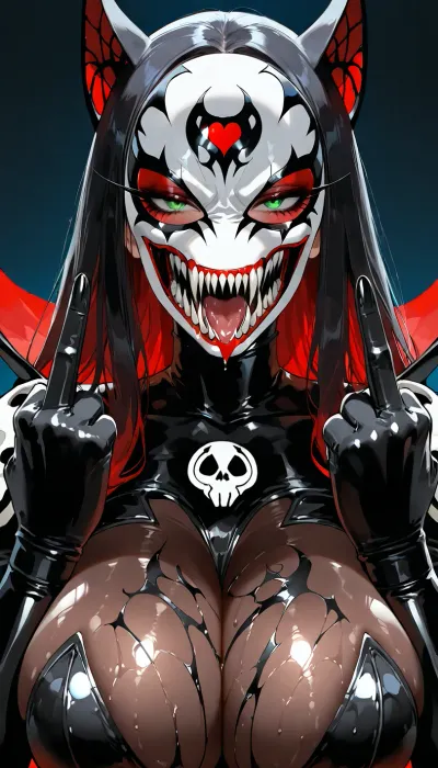 (("The Spawn")), Extreme close-up hyperrealistic portrait of a seductive female Spawn, beautiful deadly anti-heroine, voluptuous body visible in frame, tight black symbiote suit with deep cleavage and white skull patterns, spiked red and black shoulder armor, full detailed Spawn mask with glowing intense green eyes, no hair visible, both hands raised showing middle fingers directly at viewer, aggressive and provocative gesture, wet glossy suit texture, dramatic cinematic lighting with strong shadows, dark moody atmosphere, ultra photorealistic, intricate mask and suit details, 8k, dark erotic style