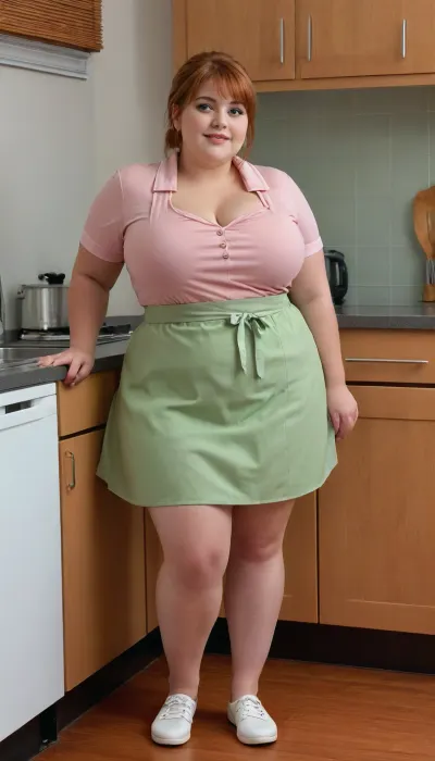 This is a highly detailed digital photography. The image features a, ((chubby)), young woman standing in a modern kitchen. She has long, short haircut, straight auburn hair and is adorned with small, relaxed joyful smile, (finely drawn facial features), light gree Eyeshadow, delicate earrings. Her skin is fair, and she has a gentle, blushing expression on her face, with slightly parted pink lips and large, expressive green eyes. Curvy chubby face, She is wearing a form-fitting, short-sleeved white blouse that accentuates her large breasts and a light pink apron tied around her waist.long legs, white shoes, thick strong thighs, wide packed hips, Her hands are modestly crossed over her lower abdomen, just above the apron. Standing dynamically on one legs, The background shows a sleek, contemporary kitchen with light grey cabinets and a stainless steel dishwasher to the right. A wooden countertop runs along the back of the kitchen, with a small stack of plates and a window that lets in soft, natural light. The window has white blinds partially drawn, allowing sunlight to filter into the room. The floor is a smooth, grey tile that matches the cabinetry. The overall lighting in the image is warm and soft, highlighting the subject and creating a gentle, inviting atmosphere. The illustration's attention to detail, particularly in the character's expression and clothing, adds to the realism within the anime style., plump, skindentation, chubby, bbw, venus, body, large, breasts, big, boobs, huge, tits, <lora:SDXLHighDetail_v6-000005:1.3>, <lora:Chubby BBW - XL:.8>, <lora:bombshell_v2:.6>