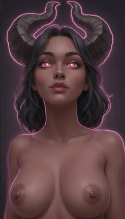 (2D, vector art, cel shaded:1.8), (thick outline:1.8), 1girl, solo, ((demon girl)), ((mature)), ((dark purple colored skin)), (huge horns), ((pink eyes, glow)), vibrant, energetic, portrait, naked, <lora:outline_xl_kohaku_delta_spv5x:2>, <lora:detailed_notrigger:.8>, <lora:add-detail-xl:.8>