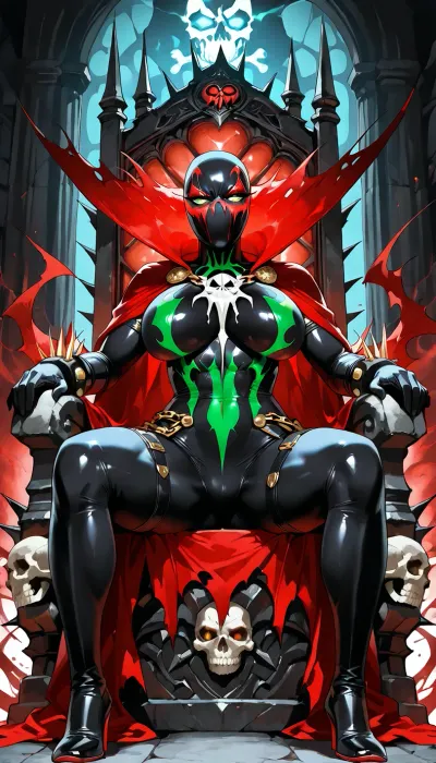 (("The Spawn")), Photorealistic epic scene of a dominant sexy female Spawn sitting on a dark gothic throne, genderbent version, incredibly seductive athletic body with large breasts and pronounced curves, extremely tight black symbiote suit with white emblem and red glowing details, sharp spikes everywhere, heavy chains across body, long torn red cape draped over throne, full demonic mask with glowing white-green eyes, no hair, powerful and regal sitting pose, green hellfire energy in background, skulls and chains around throne, dark dramatic lighting, ultra detailed, menacing and erotic atmosphere, 8k, cinematic horror