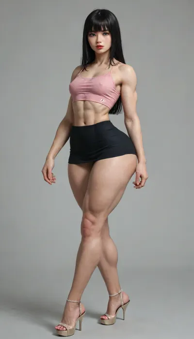 Full body, 8k wallpaper, ((18 year old)), (Highest quality), ultra detailed. Long black hair with bangs, green eyes, Korean face, red lips, small breasts, ((very muscular)), ((tiny waist)), wide hips, (((huge ass))), pale skin, abs. BREAK, pink blouse, long black skirt, platform heels. Semi-realistic. walking., <lora:add-detail-xl:.8>, detailxl, <lora:detailed_notrigger:.8>, <lora:detailed_hugeass:.7>, sfb, <lora:sfb_v3:.8>