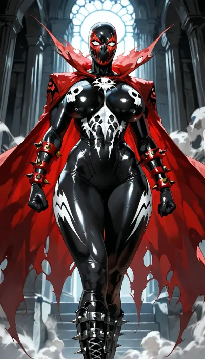 (("The Spawn")), Photorealistic ultra-detailed cinematic image of a powerful seductive female Spawn, genderbent version, athletic voluptuous body with large breasts, narrow waist and wide hips, wearing an extremely tight glossy black symbiote suit that clings to every curve, white skull emblem on chest, red glowing vein-like patterns, sharp spikes on shoulders, forearms, thighs and boots, heavy metal chains wrapped around torso and arms, long torn flowing red cape with spikes, full black and white demonic mask with glowing white eyes, no hair visible, standing in powerful pose, intense green hellish energy and smoke swirling behind her, dark dramatic lighting, ultra realistic skin texture on exposed parts, menacing atmosphere, 8k, photorealistic, intricate details, dark erotic horror style