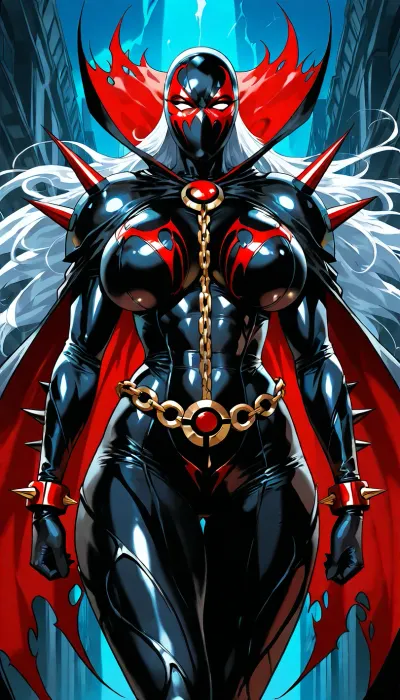 (("The Spawn")), Extremely detailed comic book style female Spawn, seductive and powerful anti-heroine, voluptuous athletic body, black and crimson symbiote suit hugging every curve, exposed midriff, spiked pauldrons, long spiked cape, chains floating around her, glowing white eyes, beautiful face partially visible under broken mask, long flowing hair, dynamic action pose, Todd McFarlane art style, high contrast, dramatic shadows