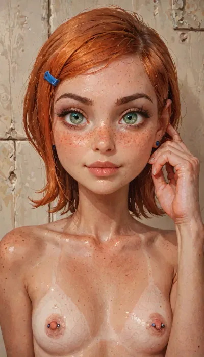 (Jack cayless art style), (1girl), focus on face, big doughy eyes, (mature adult face:1.4), perfect hands, full lips, bright orange hair, green eyes, skin with deep tan and tanlines, naughty girl, (nude small breasts, erected long pierced nipple, romantic vibes, cozy bedroom, intimate moment), (horny, hungry expression, freckles, blushing, flushed face, seductive pose, hand up, one of her hand's in her hair), futuristic-fantasy-anime, gwen, tennyson, (/Ben10), /, (ultra, HD, quality, details), bright, orange, hair, short, (green, eyes), <lora:sd_xl_turbo_lora_v1-64dim:.8>, <lora:futureistic_fantasy_anime_sdxl_v1:.8>, <lora:Gwen Tennyson (Ben10) - XL SCXL V1.0:1.6>