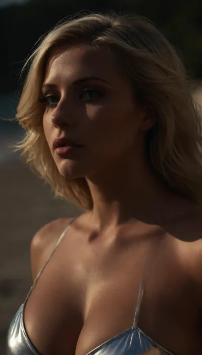 supermodel blonde, 28 yo, suntanning at the beach, wearing a turtleneck lifted shirt. hawk-nose, beautiful eyes, photorealistic, bokeh, film grain, sharp focus, masterpiece, best quality, ultra_detailed, highres, absurdres, halfbody side view, huge Atomictits, hooked nose, a, photo, of, woman, wearing metallic stretched underwear, <lora:jenni green v1a_fro0.9:.5>, <lora:dark:.5>, <lora:Hooked_nose-000009:.5>, <lora:MetallicStringBikini-XL-v1-000005:.5>, <lora:milkers_v2:.5>