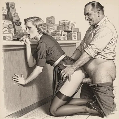 This is a detailed monochromatic pencil drawing in a classical illustrative style depicts a scene set in the 1930s in Germany, a grocery store, a beautiful sexy blonde mother with an elegant hairstyle, a frau with an hourglass figure, dressed in a 1930s strict dress, brown silk stockings, (wide hips), She is kneeling in front of an obese ugly old salesman 90yo behind the counter and blowjob his dick, a an obese old salesman is wearing shirt with the sleeves rolled up, hunbuttoned pants, his dick and hairy scrotum are visible, Old salesman smirks maliciously, He holds Frau by the head with his hands and vigorously moves his pelvis.blowjob, (1obese old salesman:.6), (1mother:.6), (mother1 is kneeling in front of obese old salesman1. obese old salesman1 is standing, cock out. mother1 is blowing him in grocery store:2), Side view, The overall mood is intense, rendered in fine, expressive line work and subtle shading, evoking the style of 1950s satirical or moralistic illustrations.