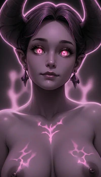 (2D, vector art, cel shaded:1.6), (thick outline:1.6), 1girl, solo, ((demon girl:1.6)), ((mature:1.6)), ((dark purple colored skin:1.6)), (huge horns), ((pink eyes, glow)), vibrant, portrait, naked, dark nipples, <lora:outline_xl_kohaku_delta_spv5x:2>, <lora:detailed_notrigger:.8>, <lora:add-detail-xl:.8>