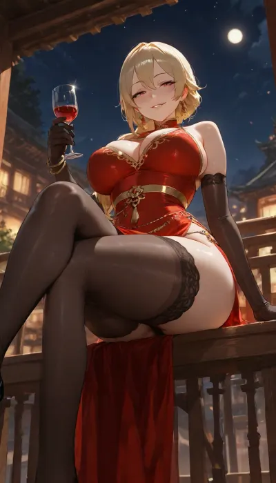 chinese dancer milf, drunk smirk, imperial China, night, upskirt, low angle, stockings, gloves, sitting on balcony bench, legs apart