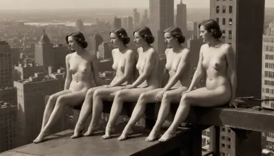 (a painting of "lunch atop a skyscraper"), of four nude ironworkers girls sitting on a steel beam of the RCA Building, 850 feet, (260 meters), above the ground during the construction of Rockefeller Center in Manhattan, inspired by 1932 black-and-white photography, chiaroscuro, style, dim, light, <lora:polyhedron_chiaroscuro-000005:.5>