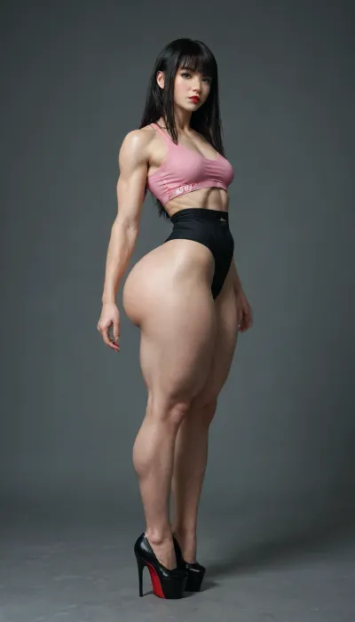 Full body, 8k wallpaper, ((18 year old)), (Highest quality), ultra detailed. Long black hair with bangs, green eyes, Korean face, red lips, small breasts, ((very muscular)), ((tiny waist)), wide hips, (((huge ass))), pale skin, abs. BREAK, pink blouse, long black skirt, platform heels. Semi-realistic. walking., <lora:add-detail-xl:.8>, detailxl, <lora:detailed_notrigger:.8>, <lora:detailed_hugeass:.7>, AtompunkSDXL
