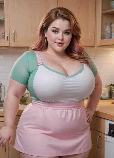 This is a highly detailed digital close-up illustration in an anime style. The image features a, ((chubby)), young woman standing in a modern kitchen. She has long, wavy auburn hair that falls past her shoulders and is adorned with small, relaxed joyful smile, (finely drawn facial features), light gree Eyeshadow, delicate earrings. Her skin is fair, and she has a gentle, blushing expression on her face, with slightly parted pink lips and large, expressive green eyes. Curvy chubby face, She is wearing a form-fitting, short-sleeved white blouse that accentuates her large breasts and a light pink apron tied around her waist.thick strong thighs, wide packed hips, Her hands are modestly crossed over her lower abdomen, just above the apron.

The background shows a sleek, contemporary kitchen with light grey cabinets and a stainless steel dishwasher to the right. A wooden countertop runs along the back of the kitchen, with a small stack of plates and a window that lets in soft, natural light. The window has white blinds partially drawn, allowing sunlight to filter into the room. The floor is a smooth, grey tile that matches the cabinetry. The overall lighting in the image is warm and soft, highlighting the subject and creating a gentle, inviting atmosphere. The illustration's attention to detail, particularly in the character's expression and clothing, adds to the realism within the anime style., large, breasts, big, boobs, huge, tits, <lora:SDXLHighDetail_v6-000005:1.3>, <lora:bombshell_v2:.2>, <lora:runga_8.1-000002:.2>
