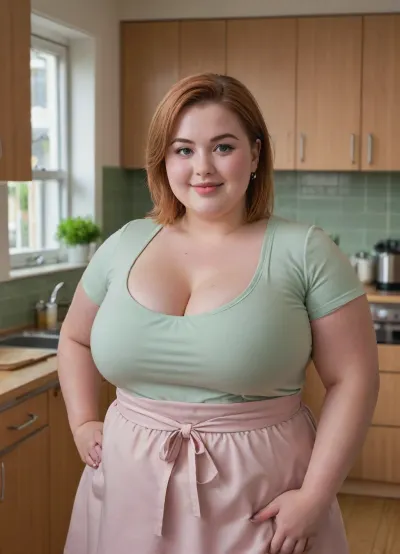 This is a highly detailed digital close-up photography. The image features a, ((chubby)), young woman standing in a modern kitchen. She has long, short haircut, straight auburn hair and is adorned with small, relaxed joyful smile, (finely drawn facial features), light gree Eyeshadow, delicate earrings. Her skin is fair, and she has a gentle, blushing expression on her face, with slightly parted pink lips and large, expressive green eyes. Curvy chubby face, She is wearing a form-fitting, short-sleeved white blouse that accentuates her large breasts and a light pink apron tied around her waist.thick strong thighs, wide packed hips, Her hands are modestly crossed over her lower abdomen, just above the apron.

The background shows a sleek, contemporary kitchen with light grey cabinets and a stainless steel dishwasher to the right. A wooden countertop runs along the back of the kitchen, with a small stack of plates and a window that lets in soft, natural light. The window has white blinds partially drawn, allowing sunlight to filter into the room. The floor is a smooth, grey tile that matches the cabinetry. The overall lighting in the image is warm and soft, highlighting the subject and creating a gentle, inviting atmosphere. The illustration's attention to detail, particularly in the character's expression and clothing, adds to the realism within the anime style., <lora:SDXLHighDetail_v6-000005:1.3>, <lora:runga_8.1-000002:.2>, plump, skindentation, chubby, bbw, venus, body, big, breasts, <lora:Chubby BBW - XL:.8>