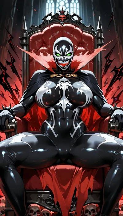 (("The Spawn")), Photorealistic epic scene of a dominant sexy female Spawn sitting on a dark gothic throne, genderbent version, incredibly seductive athletic body with large breasts and pronounced curves, extremely tight black symbiote suit with white emblem and red glowing details, sharp spikes everywhere, heavy chains across body, long torn red cape draped over throne, full demonic mask with glowing white-green eyes, no hair, powerful and regal sitting pose, green hellfire energy in background, skulls and chains around throne, dark dramatic lighting, ultra detailed, menacing and erotic atmosphere, 8k, cinematic horror