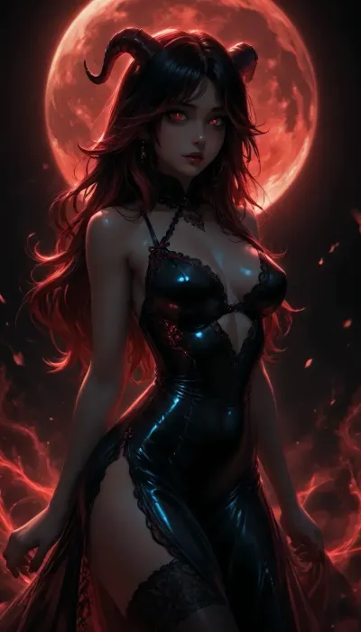Charming petite girl, (Multicolour bright red ruby rose Hairstyle), (charming eyes, bright red glowing pupils:1.1), (upperbody:1), (very long Luxurious hair in the wind), (horns, jewelry and rings on horns), glossy dress, glowing silk dress, lace dress, reiq style, posing in sexy lingerie, in a dungeon, flames, kneeling, full body, masterpiece, best quality 4k HDR high resolution realistic photograph, big red moon in the background, body in Sexy lingerie with suspenders, tan lines, (glossy oiled skin:1.2), lace stockings, lace garter belt, lace thigh high, detailed body, detailed eyes, detailed face neon, bow on head, black bow with red ribbons at the edges in gothic style, beautiful girl, elastic breast, abs, Red, and, black_gothic_fantasy, ltctr, color, +, light, contour, glowing hair, <lora:Red_and_black__gothic_fantasy-000007:2>, <lora:light_contour_sdxl:2>, <lora:dark:2>, <lora:Glowing_beach:2>, <lora:womb_tattoo_v6_SDXL:2>