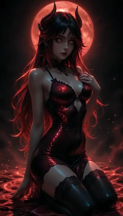 Charming petite girl, (Multicolour bright red ruby rose Hairstyle), (charming eyes, bright red glowing pupils:1.1), (upperbody:1), (very long Luxurious hair in the wind), (horns, jewelry and rings on horns), glossy dress, glowing silk dress, lace dress, reiq style, posing in sexy lingerie, in a dungeon, flames, kneeling, full body, masterpiece, best quality 4k HDR high resolution realistic photograph, big red moon in the background, body in Sexy lingerie with suspenders, tan lines, (glossy oiled skin:1.2), lace stockings, lace garter belt, lace thigh high, detailed body, detailed eyes, detailed face neon, bow on head, black bow with red ribbons at the edges in gothic style, beautiful girl, elastic breast, abs, Red, and, black_gothic_fantasy, ltctr, color, +, light, contour, glowing hair, <lora:Red_and_black__gothic_fantasy-000007:2>, <lora:light_contour_sdxl:2>, <lora:dark:2>, <lora:Glowing_beach:2>, <lora:womb_tattoo_v6_SDXL:2>