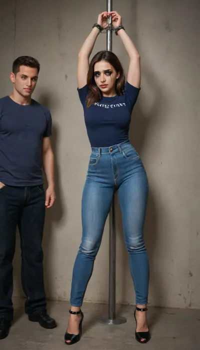 front view, (18yo), (standing, ruined makeup, crying), legs spread, (wrists shackled to pole above head, black stiletto high heel shoes), (tight jeans), (open, satin blue shirt, breast exposed), (molested by men:1), <lora:Ass_Pants_XL:1.7>, <lora:flat_chested_v3.5:1.1>, <lora:bottomheavy_v1_sdxl_LoRA:1>, <lora:RMSDXL_Photo:2>, <lora:Beautify-Supermodel-SDXL:1.9>