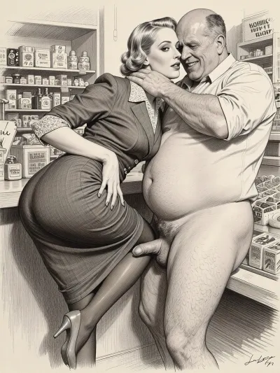This is a detailed monochromatic pencil drawing in a classical illustrative style depicts a scene set in the 1930s in Germany, a grocery store, a beautiful sexy blonde mother with an elegant hairstyle, a frau with an hourglass figure, curvy body, dressed in a 1930s strict dress dress, brown silk stockings, (wide hips), She's leaning low over the counter with the hem of her dress up and masturbates dick of a an obese ugly old salesman 90yo standing a front of her, ((her ass and labia are visible), a an obese old salesman is wearing shirt with the sleeves rolled up, his pants are down, his hairy legs are visible, Old salesman smirks maliciously, He rough holds Frau by head with his hands . Side view, The overall mood is intense, rendered in fine, expressive line work and subtle shading, evoking the style of 1950s satirical or moralistic illustrations.)