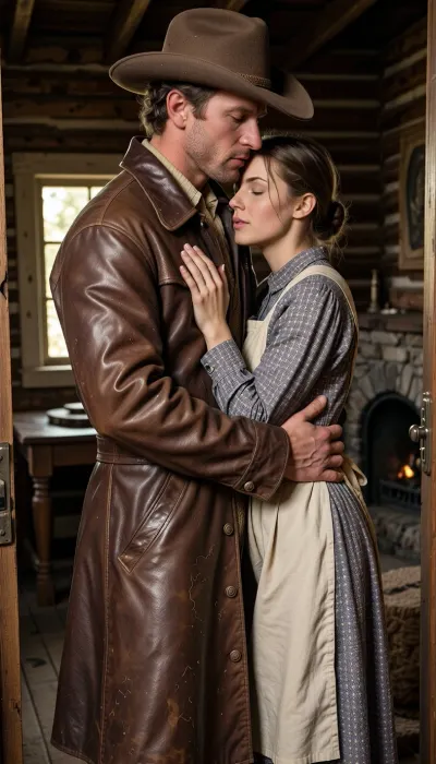 A cinematic, hyper-realistic photography capturing a heartwarming, emotional "Wild Wild West" scene. Close-medium framing focusing on a weathered pioneer man returning home, tenderly embracing his beautiful pioneer wife just inside the doorway of their rustic wooden cabin. The man, dusty from the trail, wears a classic rugged cowboy hat tilted back and an authentic, heavily weathered brown leather duster overcoat. This iconic frontier coat features a wide statement collar, realistic leather grain texture patinated with trail dust, and is completely buttoned up from the chest down, creating a classic Western silhouette that entirely covers his waist and hips under the heavy leather fabric. His strong arms are wrapped protectively around her. His wife, with her hair tied up in a simple period-accurate bun, wears a modest, long-sleeved calico pioneer dress with a cotton apron. Her hands, resting gently on his shoulders, are masterfully rendered with perfect anatomical precision, showcasing smooth skin, beautifully shaped delicate fingers, and highly detailed fingernails, completely free of any distortion or aesthetic flaws. The focus is tight on their genuine expressions of relief and love, their faces pressed close together, capturing the authentic texture of his sun-weathered skin and her soft complexion. The long leather coat completely conceals his entire waistline, ensuring a peaceful, weapon-free civilian attire. The background shows the warm, dim interior of the log cabin, with crystal-clear golden sunlight streaming through a small window, illuminating the space and revealing a simple wooden table and a stone hearth in a soft bokeh. High-contrast cinematic lighting, shallow depth of field, warm color palette, captured on 50mm lens, photorealistic, 8k, masterfully composed, emotional depth.