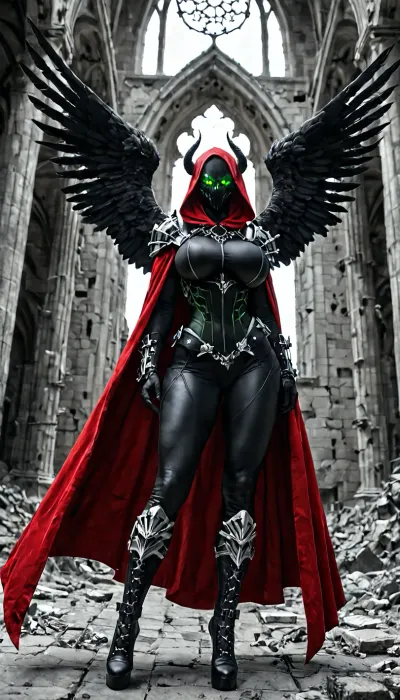 (("The Spawn")), Hyperrealistic full-body shot of a fierce seductive female Spawn standing with arms spread wide, genderbent, perfect voluptuous athletic body, huge breasts, slim waist, wide hips, glossy black symbiote suit second-skin tight with white bone patterns and red accents, massive spiked armor on shoulders and arms, heavy golden and metal chains wrapped around waist and chest, long dramatic flowing red cape spread like wings, full black and white Spawn mask with glowing green eyes, no hair visible, powerful stance, dark gothic cathedral ruins background with flying debris, dramatic low angle shot, cinematic lighting, ultra realistic, 8k, dark erotic horror style