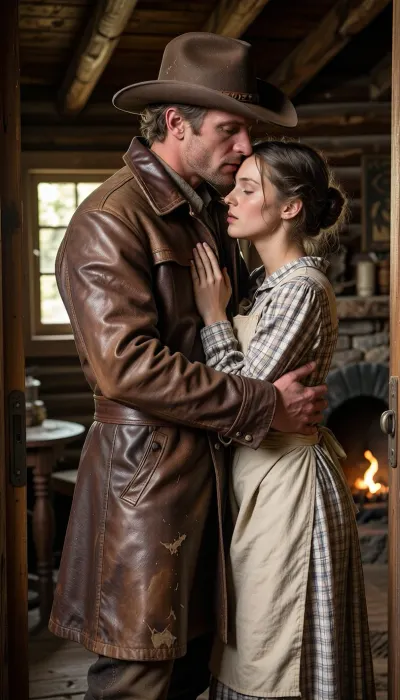 A cinematic, hyper-realistic photography capturing a heartwarming, emotional "Wild Wild West" scene. Close-medium framing focusing on a weathered pioneer man returning home, tenderly embracing his beautiful pioneer wife just inside the doorway of their rustic wooden cabin. The man, dusty from the trail, wears a classic rugged cowboy hat tilted back and an authentic, heavily weathered brown leather duster overcoat. This iconic frontier coat features a wide statement collar, realistic leather grain texture patinated with trail dust, and is completely buttoned up from the chest down, creating a classic Western silhouette that entirely covers his waist and hips under the heavy leather fabric. His strong arms are wrapped protectively around her. His wife, with her hair tied up in a simple period-accurate bun, wears a modest, long-sleeved calico pioneer dress with a cotton apron. Her hands, resting gently on his shoulders, are masterfully rendered with perfect anatomical precision, showcasing smooth skin, beautifully shaped delicate fingers, and highly detailed fingernails, completely free of any distortion or aesthetic flaws. The focus is tight on their genuine expressions of relief and love, their faces pressed close together, capturing the authentic texture of his sun-weathered skin and her soft complexion. The long leather coat completely conceals his entire waistline, ensuring a peaceful, weapon-free civilian attire. The background shows the warm, dim interior of the log cabin, with crystal-clear golden sunlight streaming through a small window, illuminating the space and revealing a simple wooden table and a stone hearth in a soft bokeh. High-contrast cinematic lighting, shallow depth of field, warm color palette, captured on 50mm lens, photorealistic, 8k, masterfully composed, emotional depth.