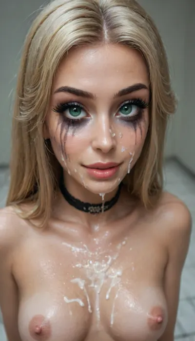 instagram photo, 18 y.o., slut, blonde hair, (((mess on the face))), big lips, beautiful face, ((smile)), black choker, extra detailed, high definition, (smash makeup:1.5), (boobs:1.2), (green eyes), (((very very big long eyelashes:1.4))), (ab crack), ((wet Skin)), ((cum on face:1.8)), choker, covered long erect nipples, (in the bad), ((erotic pijamas:1.7)), shadows, bright light patches, light caustics, (Dynamic angle:1.5), round breasts, hard nipples, narrow waist, (big tits:1.3), (small butt:1.5), ((very skinny:1.5)), tears, short body, realistick, <lora:melanin-XL:1.3>