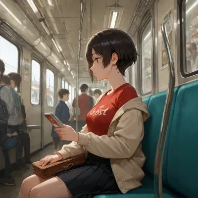 digital, painting, 1 girl, 22 years old, dark hair, very short hair shaved on one side, small tit, side view, full frontal, she is sitting in the subway, crowded subway, she is lost in her thoughts, she is blushing a lot, <lora:LaxpeintXL-2.0:.8>, <lora:cfg_scale_boost:.8>, wearing a skirt red tee-shirt and a jacket, she has a bag
