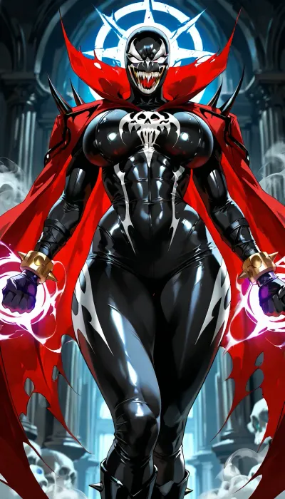 (("The Spawn")), Photorealistic ultra-detailed cinematic image of a powerful seductive female Spawn, genderbent version, athletic voluptuous body with large breasts, narrow waist and wide hips, wearing an extremely tight glossy black symbiote suit that clings to every curve, white skull emblem on chest, red glowing vein-like patterns, sharp spikes on shoulders, forearms, thighs and boots, heavy metal chains wrapped around torso and arms, long torn flowing red cape with spikes, full black and white demonic mask with glowing white eyes, no hair visible, standing in powerful pose, intense green hellish energy and smoke swirling behind her, dark dramatic lighting, ultra realistic skin texture on exposed parts, menacing atmosphere, 8k, photorealistic, intricate details, dark erotic horror style